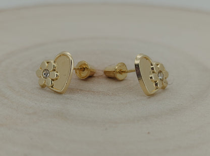 Heart Shape Baby Earring, 14k Solid Gold, Cubic Zirconia Stud, Children's Jewelry, Infant Accessory, Newborn Gift, Heart of Jewelry | Los Angeles