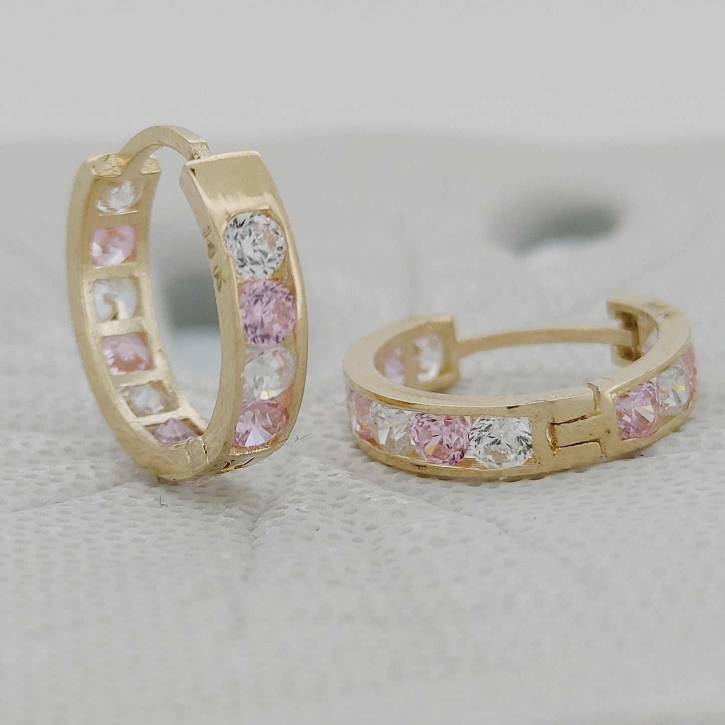 14k Gold Clear & Pink CZ Earrings, Huggie Style, High-Quality Jewelry, Women's Earring, Gift Idea, | Heart of Jewelry | Los Angeles