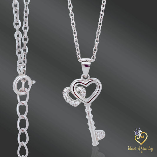  Heart Key Necklace | 925 Sterling Silver Chain | Double Heart Pendant Jewelry, Double Heart Key Necklace | Sterling Silver Cable Chain | Heart Pendant Jewelry, Heart of Jewelry | Los Angeles