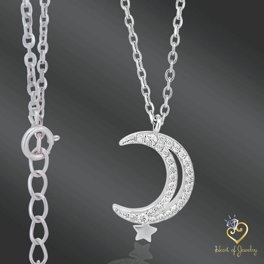 Crescent Moon and Star Necklace, Sterling Silver Cable Chain, Celestial Jewelry Gift, 925 Sterling Silver Crescent Moon Necklace, Star Cable Link Chain, Celestial Gift for Her, Heart of Jewelry | Los Angeles
