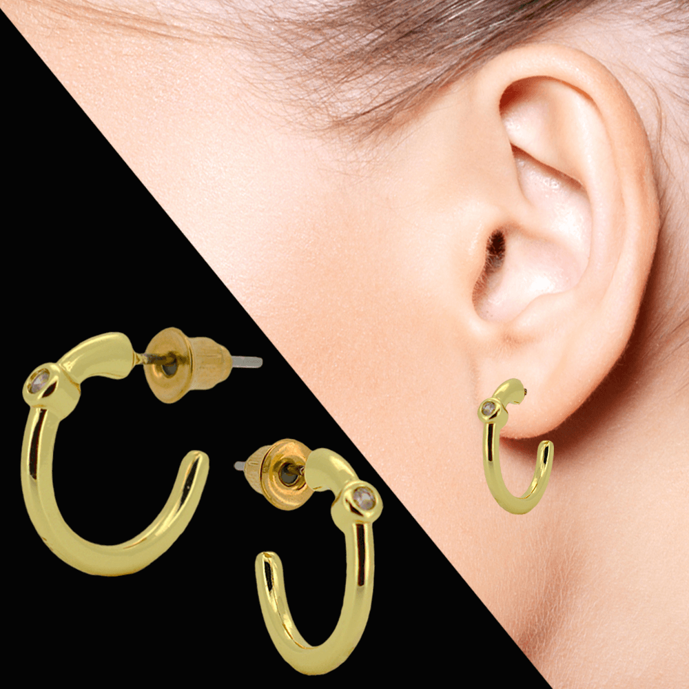 14K Gold Plated Stud Earrings, Bezel Zircona Hoops, Ear Piercing Jewelry, Elegant Gift, | Heart of Jewelry | Los Angeles