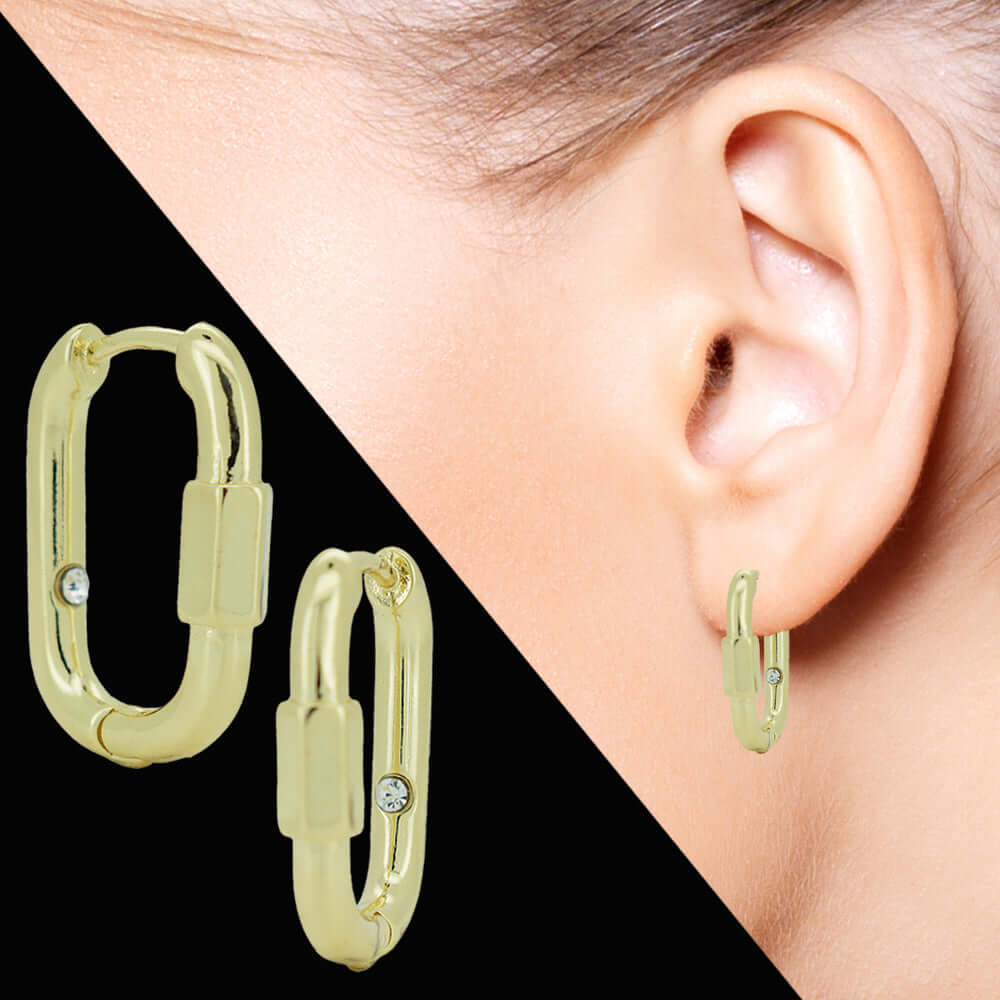 Trendy Brass Hoop Earrings, 14K Gold Plated Rectangle Huggies, Minimal Jewelry Gift for Women, Heart of Jewelry | Los Angeles