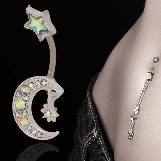 Stainless Steel Crescent Moon CZ Belly Ring, Navel Piercing, Moon Belly Button Jewelry, Moon CZ Navel Ring, Crescent Moon Belly Piercing, Heart of Jewelry | Los Angeles