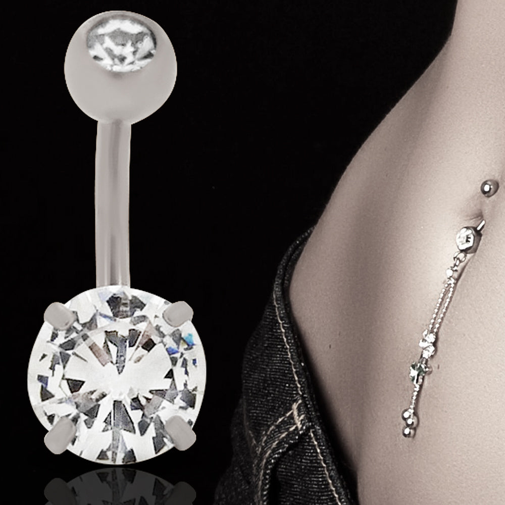 316L Steel Cubic Zirconia Navel Ring, Prong Set Belly Button Ring, CZ Body Jewelry, Sparkling Zirconia Piercing, Women's Navel Piercing, Prong Set CZ Navel Ring, Stainless Steel Belly Button Ring, Premium Zirconia Piercing, Body Jewelry, Women's Navel Pie