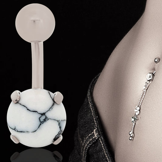 Stone Belly Navel Ring with Howlite Resemble, Hypoallergenic Surgical Steel Jewelry, Unique Body Piercing, Heart of Jewelry | Los Angeles