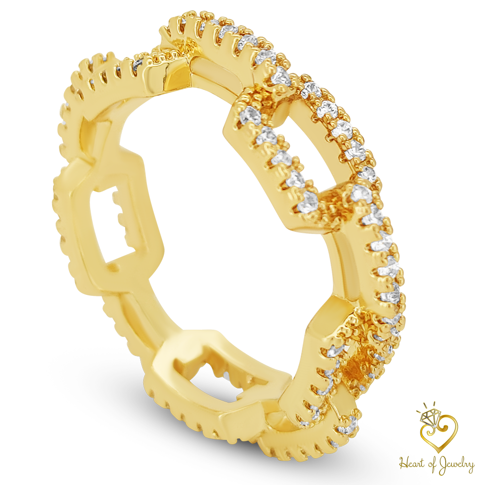 Cuban Link Chain Finger Ring, Brass Zircon Jewelry, Vintage-inspired Ring, Statement Jewelry, Bold and Stylish, Brass Zircon Cuban Link Chain Ring, Vintage Finger Jewelry, Statement Ring, Gold Chain Ring, Fashion Accessory,Heart of Jewelry | Los Angeles