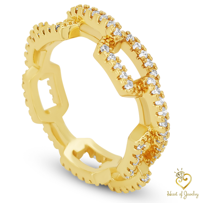 Cuban Link Chain Finger Ring, Brass Zircon Jewelry, Vintage-inspired Ring, Statement Jewelry, Bold and Stylish, Brass Zircon Cuban Link Chain Ring, Vintage Finger Jewelry, Statement Ring, Gold Chain Ring, Fashion Accessory,Heart of Jewelry | Los Angeles