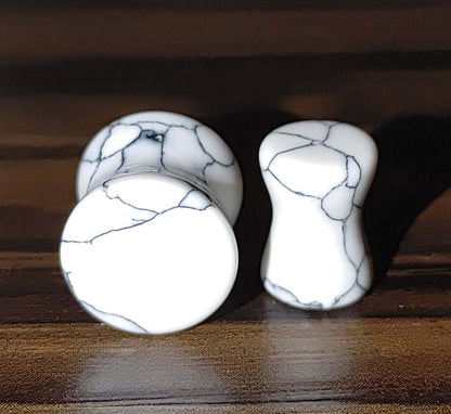 Howlite Opal Glass Flesh Tunnels, Double Flared Ear Gauges, Nature Stone Plugs, Body Jewelry, White Black Opal Glass Flesh Tunnels, Ear Plugs, Nature Stone Gauges, Body Jewelry, Piercing Accessories, Heart of Jewelry | Los Angeles