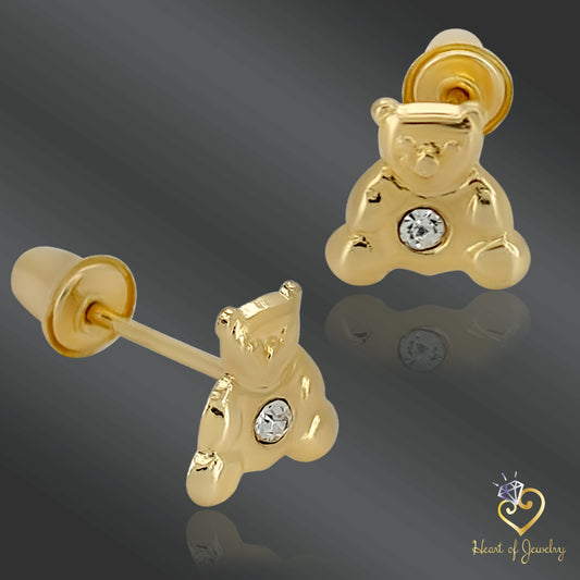 Bear Shape Baby Earrings 14k Gold Cubic Zirconia, Cute Baby Gift, Solid Gold Jewelry,Bear Shape Baby Earrings, 14k Solid Gold with Cubic Zirconia, Adorable Gift for Infants, Heart of Jewelry | Los Angeles