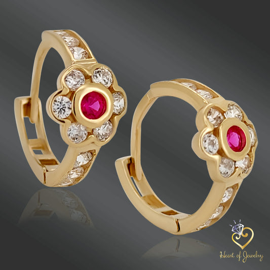 Zirconia Embossed Huggie Earrings, Exquisite 14k Solid Gold, Floral Design, Exquisite 14k Solid Gold Flower Huggie Earrings, Zirconia Embossed, Elegant Jewelry, Heart of Jewelry | Los Angeles
