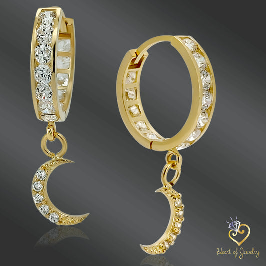Premium Quality Moon Design Huggie Earring, 14k Solid Gold, Zirconia Accent, Statement Jewelry,Heart of Jewelry | Los Angeles