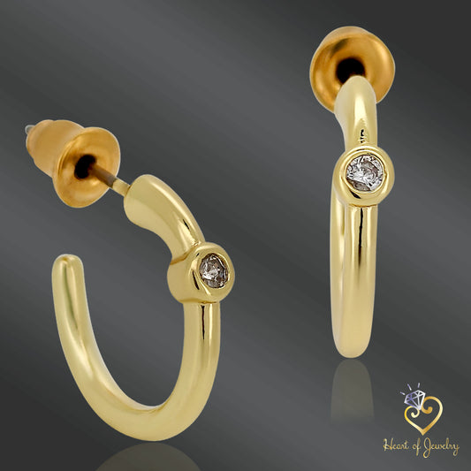 14K Gold Plated Stud Earrings, Bezel Zircona Hoops, Ear Piercing Jewelry, Elegant Gift, | Heart of Jewelry | Los Angeles