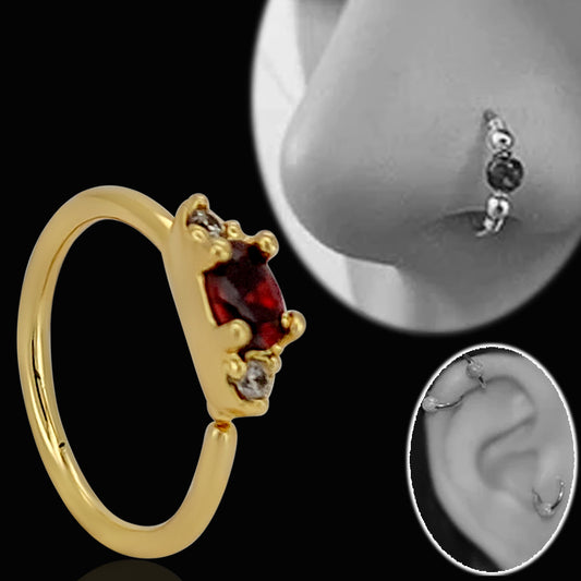 Red Cubic Zirconia Brass Nose Hoops, Nose Ring Jewelry, Nose Piercing, Hypoallergenic Nose Hoop, Unique Gift, Heart of Jewelry | Los Angeles